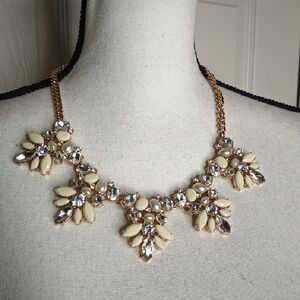 Elegant Cream/Gold Statement Necklace Faceted Faux Diamonds Pearls + Ivory